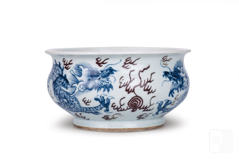 青花釉里红双龙戏珠纹香炉 - 图1